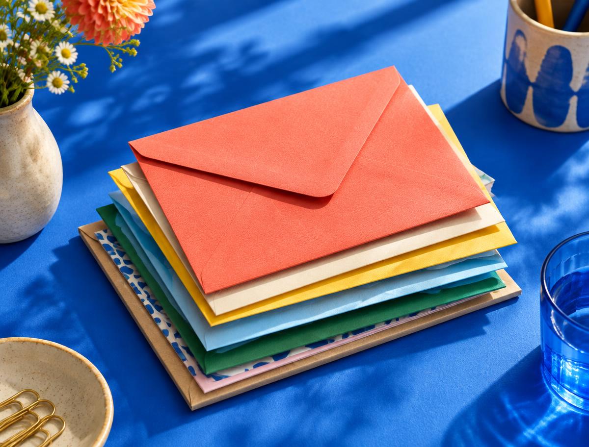 A colorful stack of envelopes on a blue desk