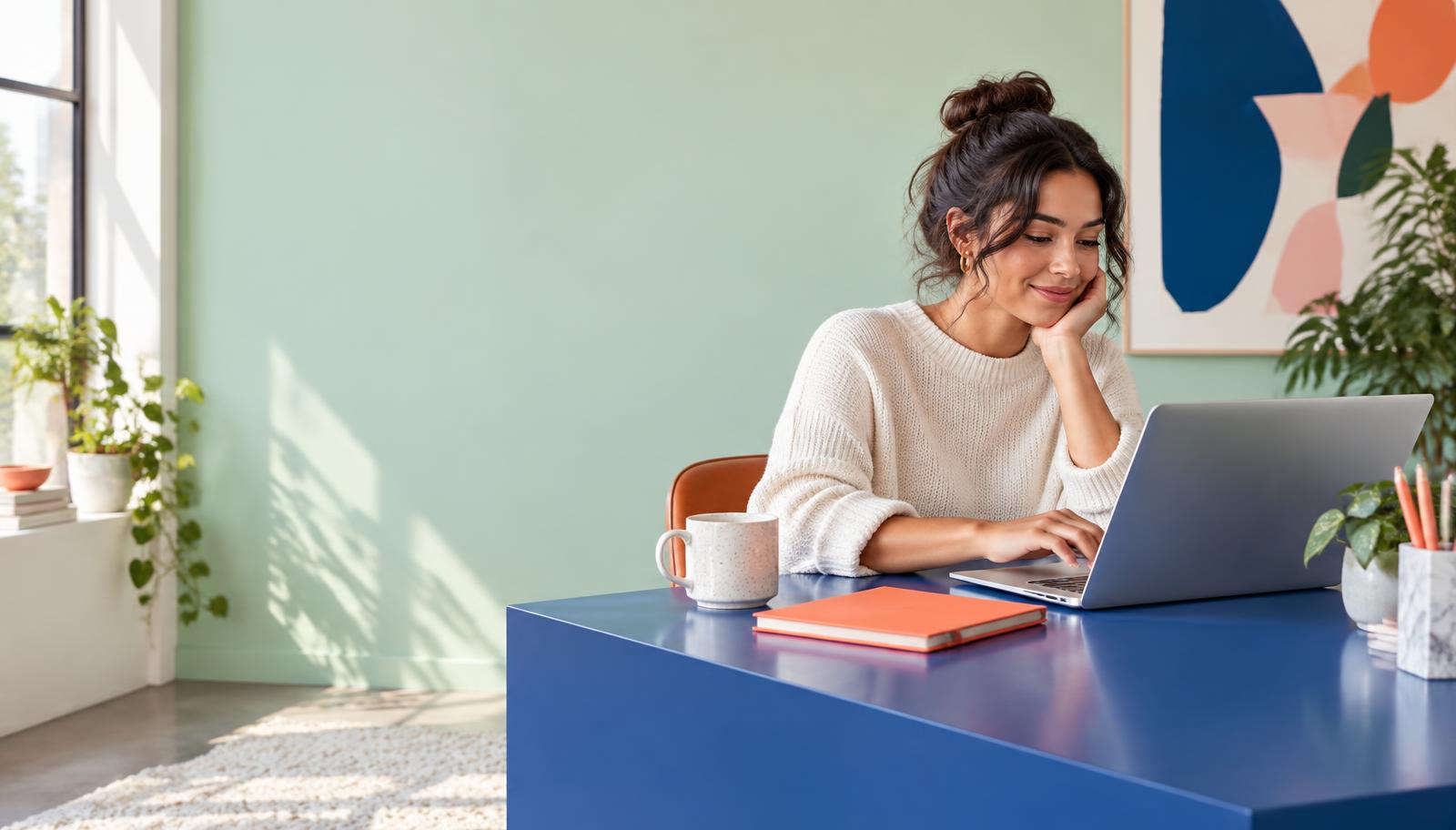 A woman at her desk using a laptop